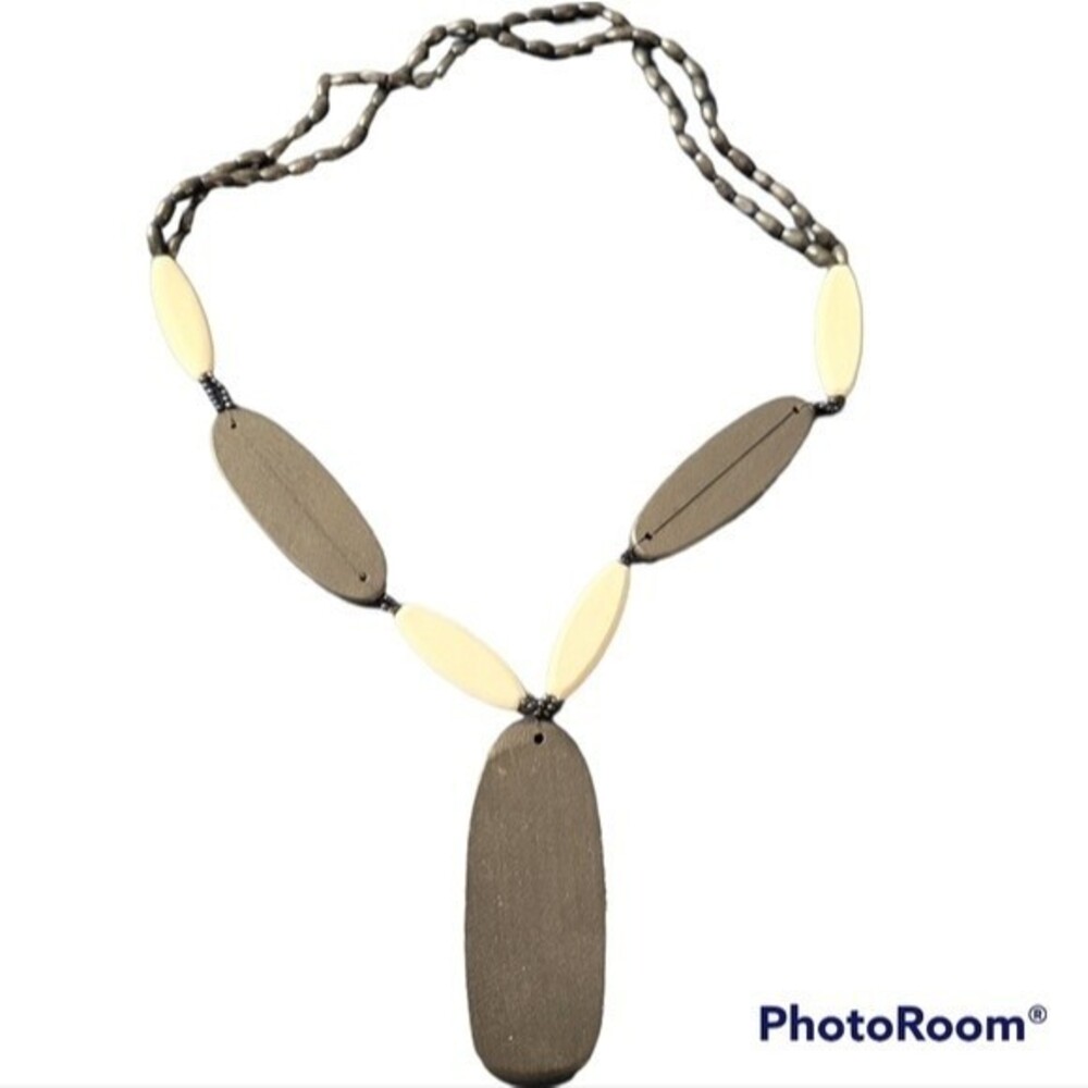 Wooden Bead Tribal Necklace Coastal Festival Black White Oval Boho Summer